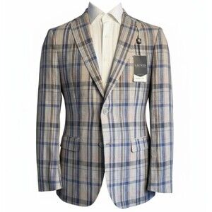 RALPH LAUREN Mens Blazer Sport Coat Two Button Jacket 44L Blue/Beige Linen Suits